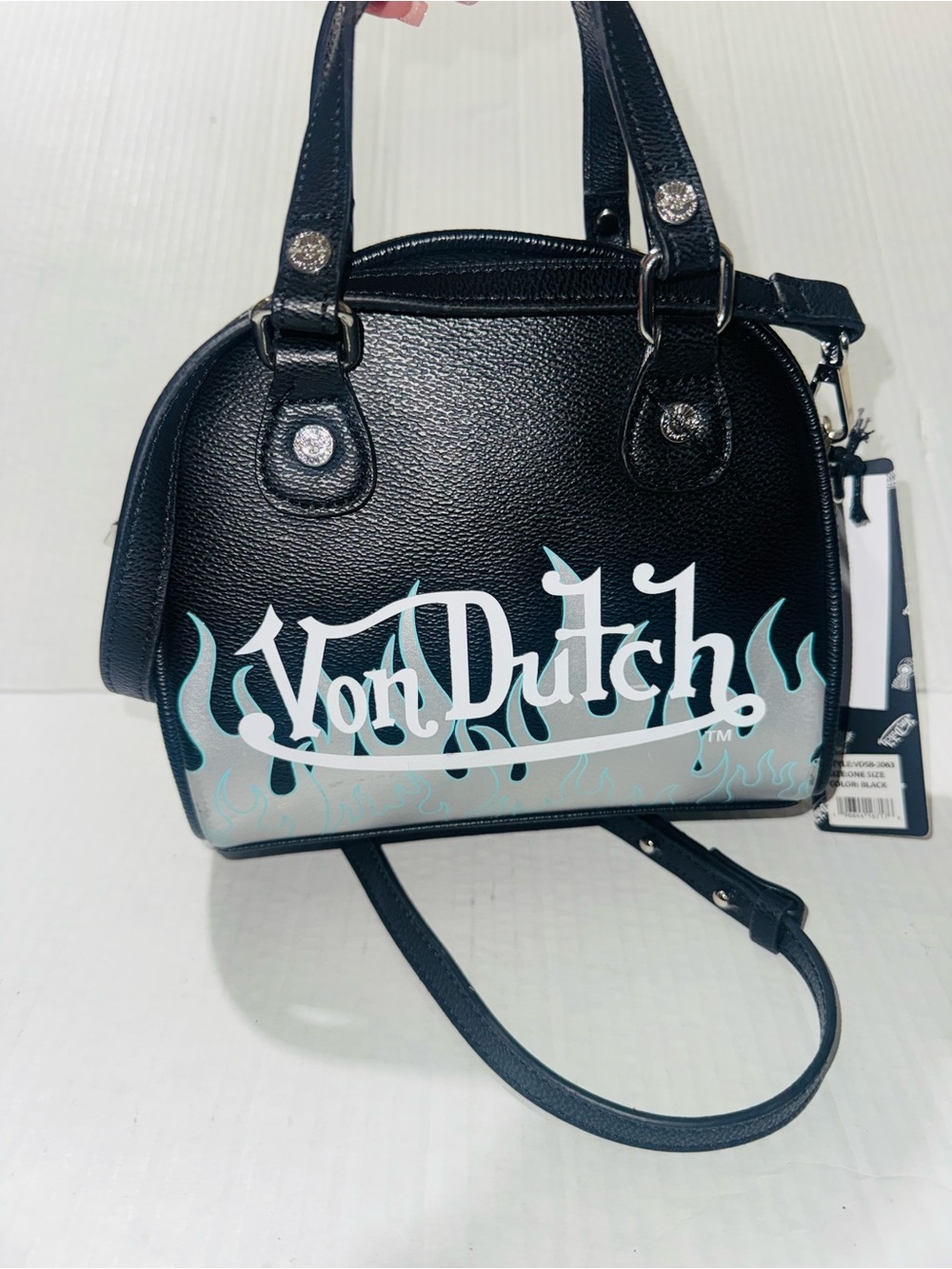 Von Dutch Black Mini Dome Bag with Teal Flame Logo